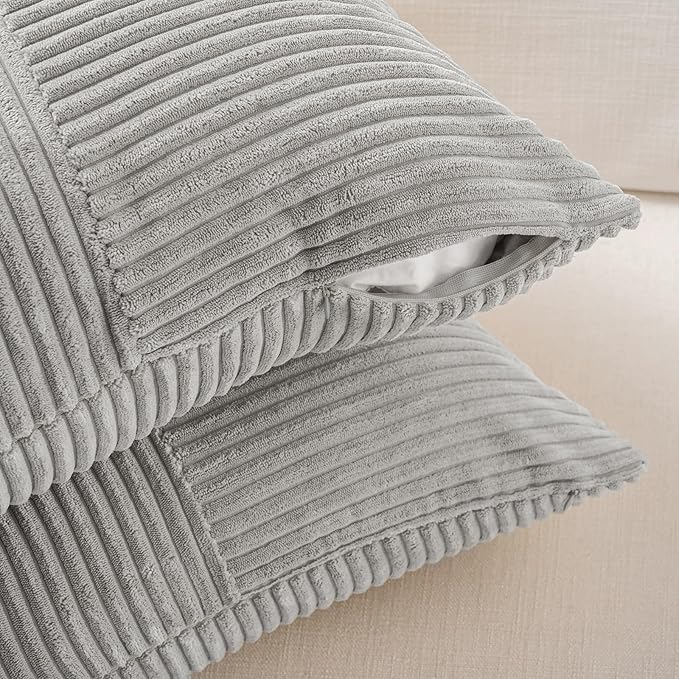 Fancy Homi 2 Packs Grey Lumbar Decorative Throw Pillow Covers 16x26 Inch for Living Room Couch Bed, Rustic Farmhouse Boho Home Decor, Soft Striped Corduroy Rectangle Accent Cushion Case 65x40 cm