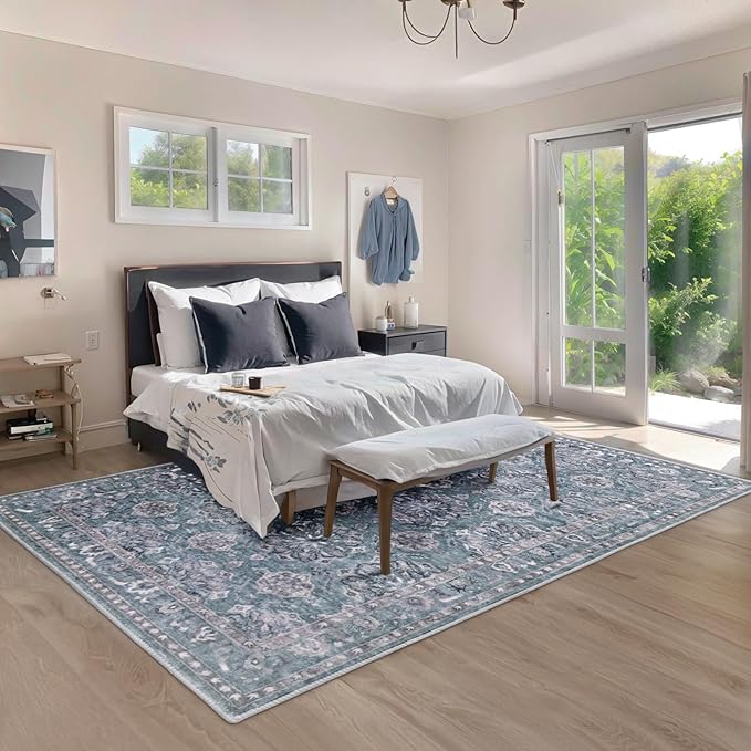 SERISSA Boho 8x10 Area Rugs Blue Grey, Washable Vintage Floral Large Living Room Rug Non-Slip, Ultra Soft Oriental Print Distressed Farmhouse Carpet for Dining Room Bedroom Dorm Office Home Decor