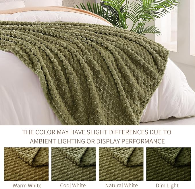 Exclusivo Mezcla Fleece Throw Blanket for Couch, Extra Large Fuzzy Olive Green Bed Blankets, Soft Cozy Plush Sofa Throws for All Seasons, 50x70 Inches