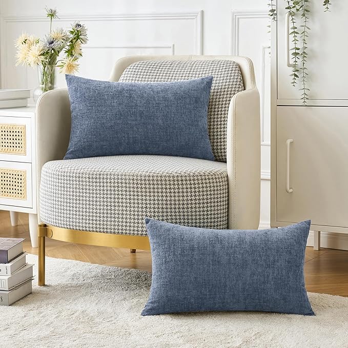 MIULEE Pack of 2 Couch Throw Pillow Covers 12x20 Inch Soft Dark Grey Blue Chenille Lumbar Pillow Covers for Sofa Living Room Solid Dyed Cases
