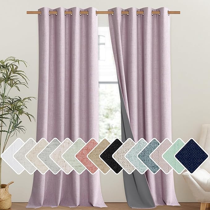 NICETOWN Pink Vintage Linen 100% Blackout Curtains for Living Room, Thermal Insulated Curtains 102" Long, Noise Reducing Window Treatment Drapes for Hall Room, 52" Wide Per Panel, Set of 2