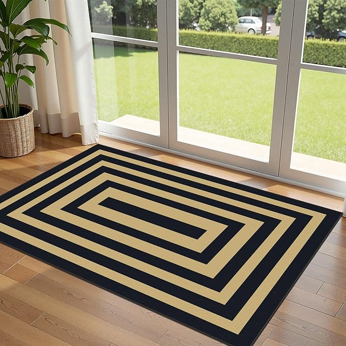 3x5 Modern Entry Rug - Small Washable Indoor Outdoor Mats for Front Door Non-Slip Porch Rug Black Tan Geometric Striped Throw Rugs for Living Room Bedroom Entryway Kitchen Office Porch Decor