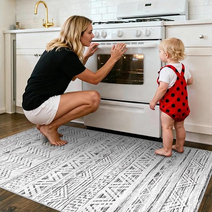 2x4 Washable Entryway Runner Rug: Moroccan Small Area Rug Soft Non Slip Door Mat for Hallway Low Pile Thin Stain Resistant Floor Carpet for Kitchen Bedroom Bathroom Bedside Indoor(2x4,Grey)