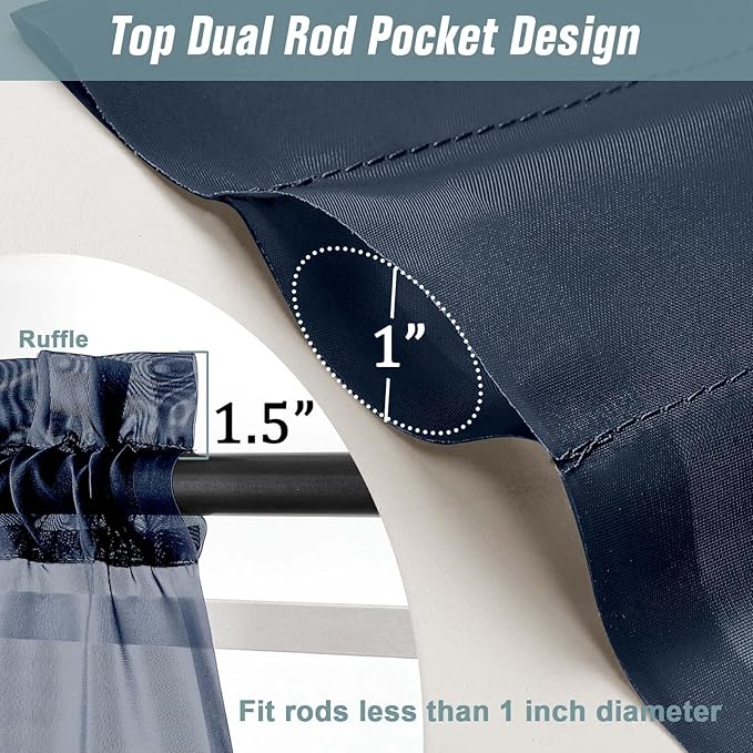 Navy Blue Sheer Curtains 90 Inches Long 2 Panels, Light Filtering Solid Sheer Curtains for Bedroom Living Room, Lightweight Soft Airy Voile Sheer Drapes, Dual Rod Pocket, 2x42Wx90L Inches