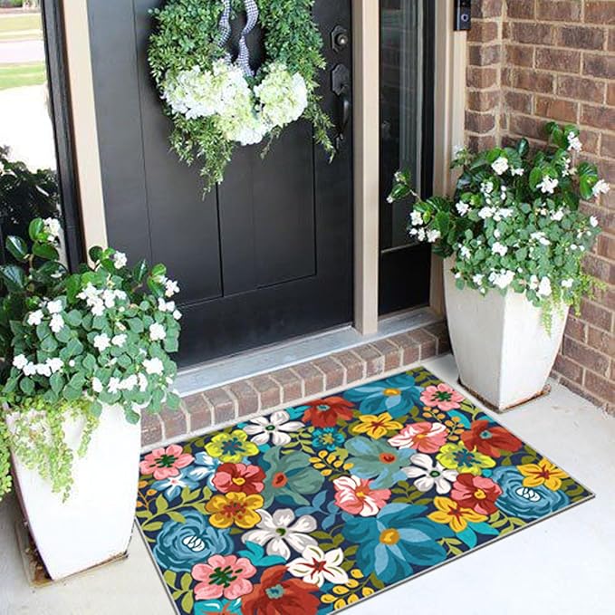 Front Door Mat Outside Entrance - 2x3 Spring Non-Slip Washable Doormat Indoor Outdoor Entrance Colorful Botanical Floral Rug Small Throw Rugs for Entryway Bedroom Kitchen Front Porch Decor