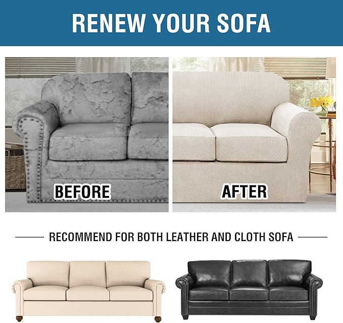 H.VERSAILTEX 4 Piece Stretch Sofa Covers for 3 Cushion Couch Covers for Living Room Furniture Slipcovers (Base Cover Plus 3 Seat Cushion Covers) Upgraded Thicker Jacquard Fabric (Sofa, Island Fossi)