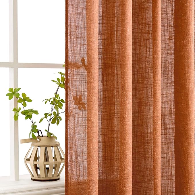 MIULEE Orange Curtains 90 Inch Length 2 Panels for Bedroom Living Room, Soft Thick Linen Textured Window Drapes Semi Sheer Light Filtering Back Tab Rod Pocket Burlap Look Fall Boho Decor
