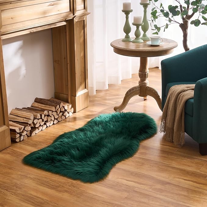 EasyJoy Ultra Soft Fluffy Shaggy Area Rug Faux Fur Rug Chair Cover Seat Pad Fuzzy Area Rug for Bedroom Floor Sofa Living Room (2 x 4 ft Sheepskin, Dark Green)