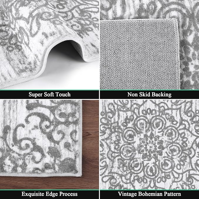 HEBE Washable Area Rug - 2'x3' Non Slip Soft Distressed Medallion Bedroom Boho Living Room Accent Throw Vintage Entry Floor Carpet for Dining Room Bathroom Entryway