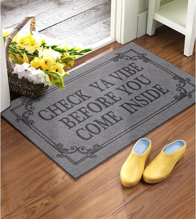 Doormat Home Decor Funny Doormat Check Ya Vibe Before You Come Inside This House Monogram Doormats Indoor Outdoor Rubber Welcome Mat Non-Slip Backing Entry Way Mats 28" x 18" Light Gray