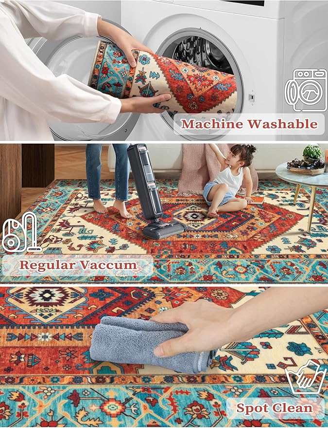 SERISSA Runner Rug for Hallways, 2'6"x16' Washable Non Slip Kitchen Runner Rug, Extra Long Boho Rug Ultra Soft Vintage Orange Print Floor Carpet for Bedroom Hallway Entryway Bathroom Laundry Room