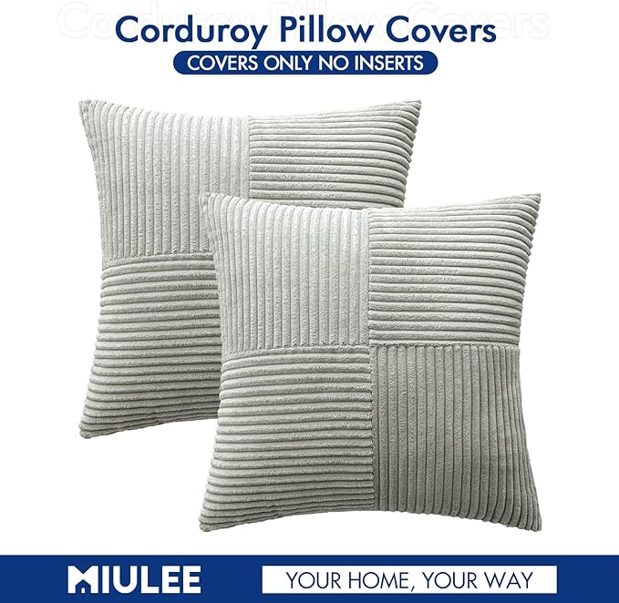 MIULEE Silver Grey Decorative Throw Pillow Covers 18x18 Inch for Couch Bed Sofa Pack of 2 Boho Farmhouse Throw Pillows Soft Cross Corduroy Patchwork Textured Cushion Cases