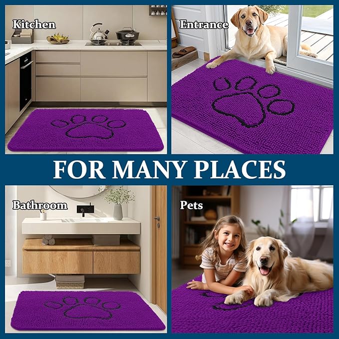 OLANLY Dog Door Mat for Muddy Paws 48x30, Paw Print Design, Absorbs Moisture and Dirt, Absorbent Non-Slip Washable Doormat, Quick Dry Chenille Mud Mat for Dogs, Entry Indoor Entryway Carpet, Purple