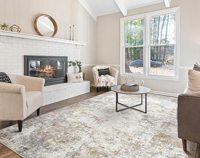 UERMEI 9x12 Area Rug Living Room Rugs - Washable Neutral Modern Abstract Soft Thin Large Rug Indoor Floor No Slip Rug Carpet for Bedroom Under Dining Table Home Office Decor - Brown Grey