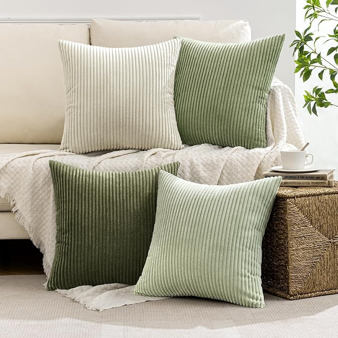 MIULEE Boho Farmhouse Throw Pillow Covers 20x20 Inch Set of 4 Mordern Neutral Green Cushion Covers Soft Corduroy Nordic Home Decor for Spring Couch Bed Sofa Living Room Green-White