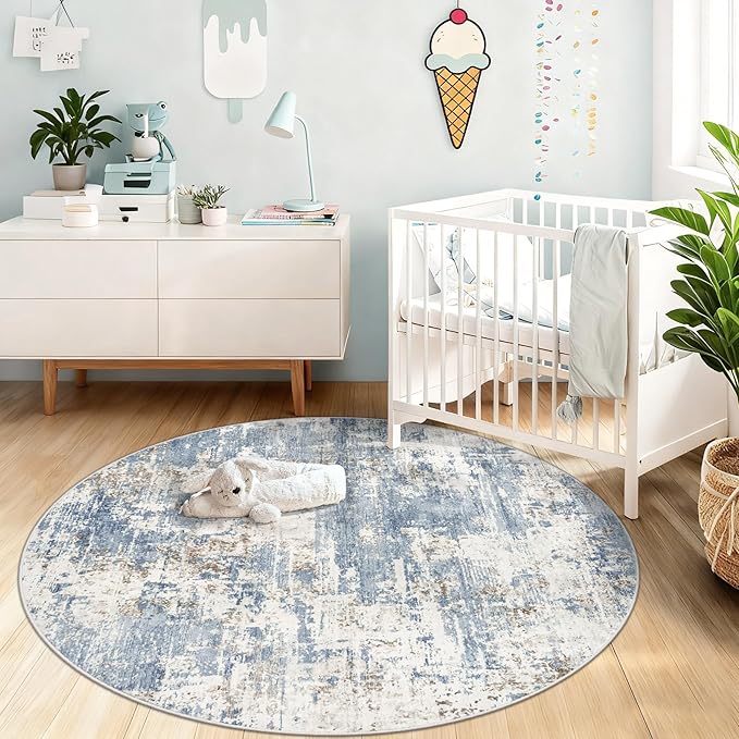 XLUEZ Round Rug 4ft for Bedroom, Washable Modern Abstract Circle Rug Neutral Soft Non Slip Kids Rug Stain Resistant Indoor Carpet for Living Room Nursery Playroom Dorm Girls Boys Room(Blue, 4' Round)