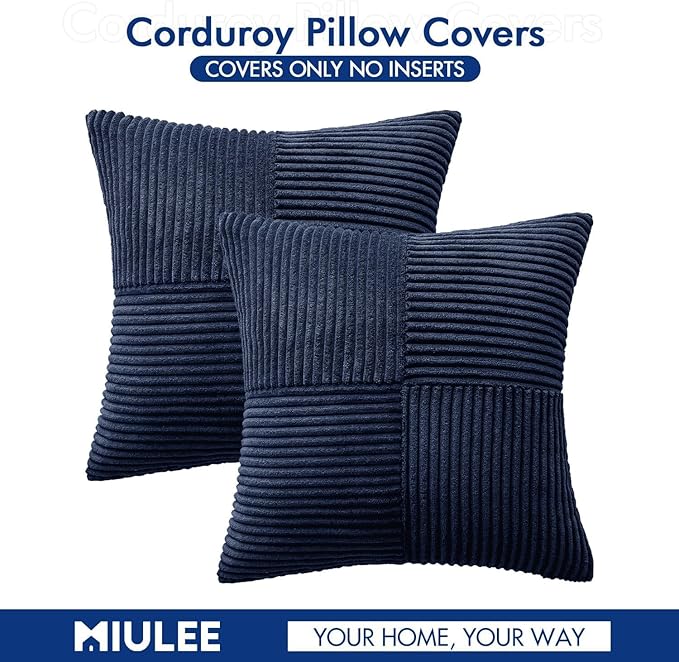 MIULEE Navy Blue Decorative Throw Pillow Covers 16x16 Inch for Couch Bed Sofa Pack of 2 Boho Farmhouse Throw Pillows Soft Cross Corduroy Patchwork Textured Cushion Cases