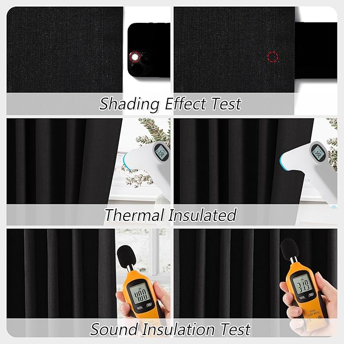 Guken Black 100% Blackout Linen Curtains 72 Inch Length 2 Panels Set for Living Room Bedroom Back Tab Thermal Insulated 100% Black Out Drapes Room Darkening Window Curtains 72 Inches Long