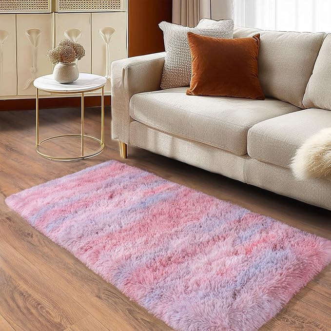 Soft Runner Rugs for Bedroom Hallways, 2x4 Abstract Pink Fluffy Shag Throw Area Rug Non Slip for Bedside Dorm, Long Shaggy Furry Carpet for Nursery Living Room