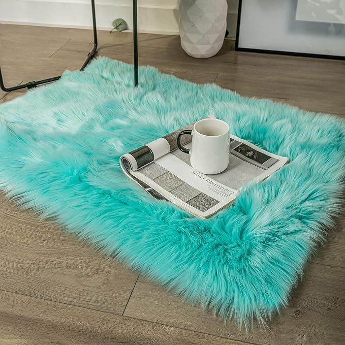 Ashler faux fur rug, Fluffy Shaggy Area Rug Ultra Soft 2 x 2.9 Feet Rectangle Fur Rug Turquoise Fuzzy Rug Machine Washable Shag Rug, Nursery Decor Throw Rugs for Bedroom, kids room, Living Room