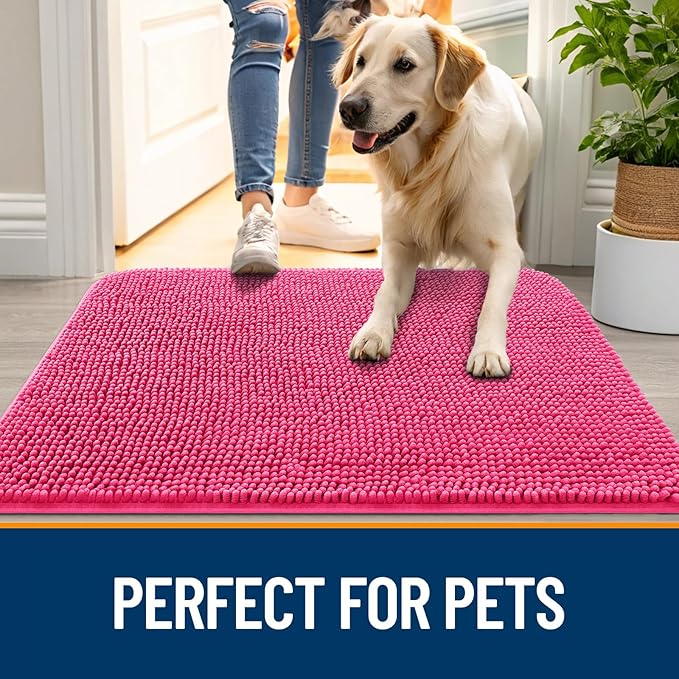 OLANLY Dog Door Mat for Muddy Paws 36x24, Absorbs Moisture and Dirt, Absorbent Non-Slip Washable Doormat, Quick Dry Chenille Mud Mat for Dogs, Entry Indoor Entryway Carpet for Inside Floor, Hot Pink