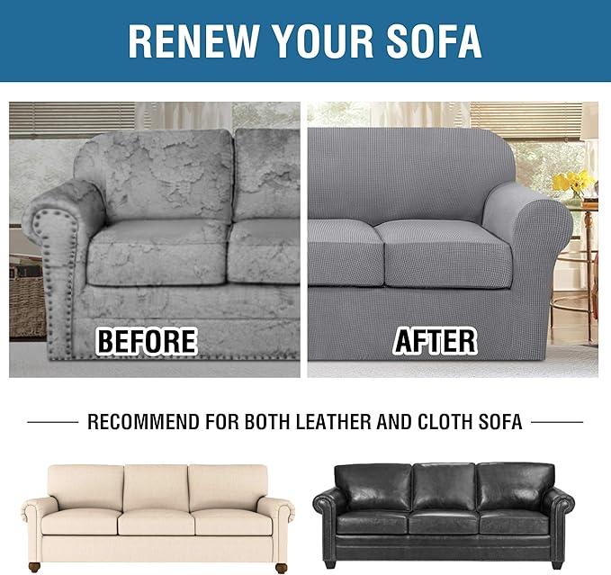 H.VERSAILTEX 4 Piece Stretch Sofa Covers for 3 Cushion Couch Covers for Living Room Furniture Slipcovers (Base Cover Plus 3 Seat Cushion Covers) Upgraded Thicker Jacquard Fabric (Sofa, Dove)