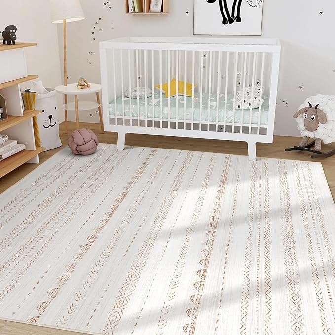 Nakagishi 5x8 Area Rug Living Room: Washable Boho Large Neutral Soft Farmhouse Rugs Stain Resistant Modern Indoor Floor Non-Slip Carpet for Bedroom Nursery Kids Playroom Office Dining Room Dorm- Brown