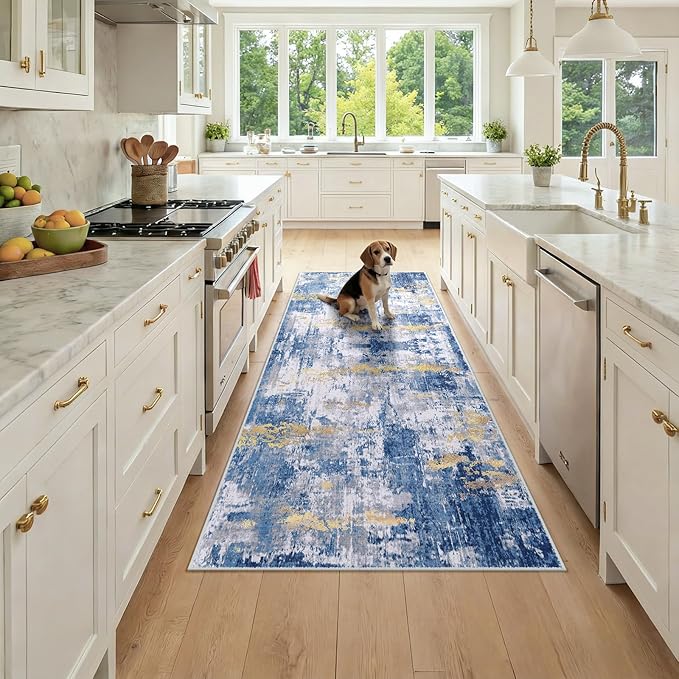 Washable Area Rugs 3x7 Non-Slip Modern Abstract Soft for Living Room Entryway Bedroom Nursery, Print Pattern, Grey Blue Gold/Golden
