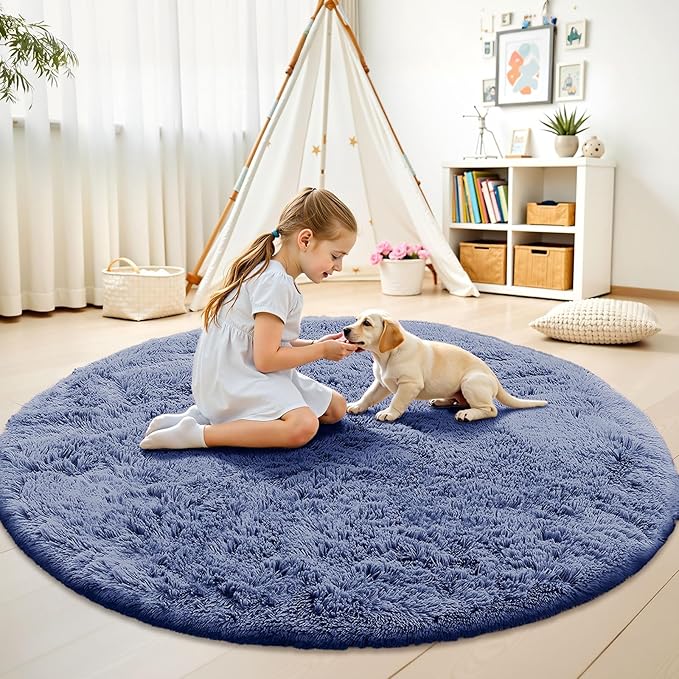 OLANLY Denim Blue Round Rugs for Bedroom - Machine Washable, 7 ft Circle Area Rugs for Living Room, Soft and Fluffy Shaggy Carpet for Teen Girl and Boys, Nursery Rooms, Dorms, Home Decor Aesthetic