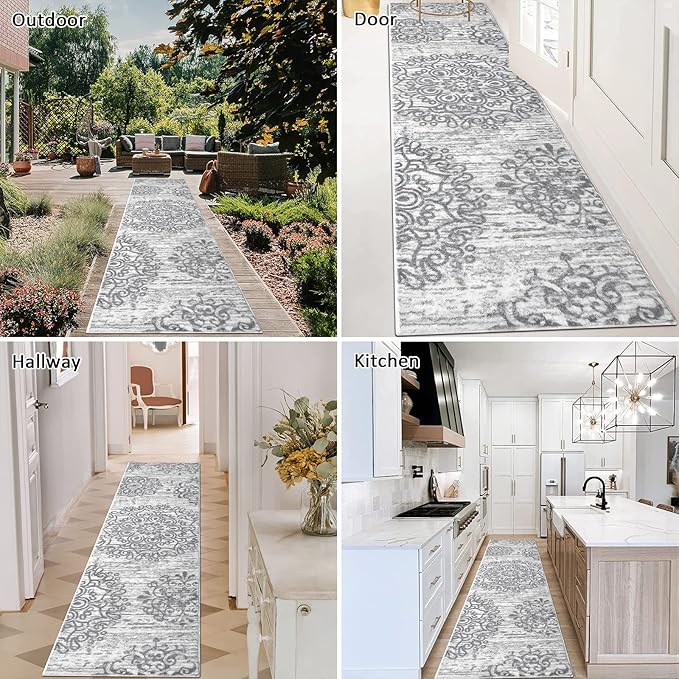 HEBE Hallway Runner Rug 2'x8' Washable Vintage Distressed Area Rugs Non Slip Laundry Rug Runner Boho Floor Carpet Runners for Hallways Entryway Laundry Room Kitchen Bathroom,Grey