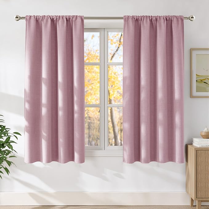 NICETOWN Pink Faux Linen Room Darkening Rod Pocket Curtains 63 inch Length, W42 x L63, Light Blocking Thermal Insulated Noise Reducing Drapes for Bedroom Living Room Farmhouse Decor, 2 Panels