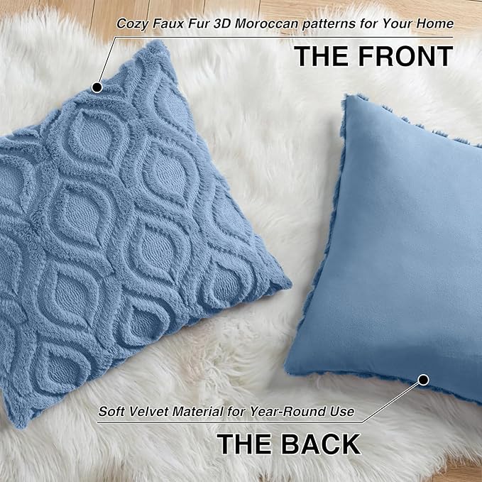 decorUhome Throw Pillow Covers 26x26 Inch Set of 2, Soft Plush Faux Wool Blue Solid Couch Pillow Covers, Accent Euro Sham Farmhouse Neutral Square Pillow Cases for Sofa Bed Living Room
