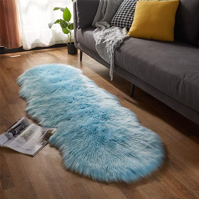 EasyJoy Ultra Soft Fluffy Shaggy Area Rug Faux Fur Rug Chair Cover Seat Pad Fuzzy Area Rug for Bedroom Floor Sofa Living Room (2 x 6 ft Sheepskin, Sky Blue)