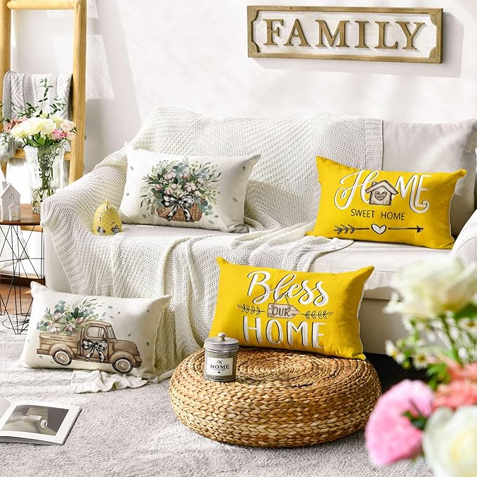 AVOIN colorlife Bless Our Home Farmhouse Eucalyptus Leaves Throw Pillow Covers, 12 x 20 Inch Yellow Truck Home Sweet Cushion Case Decorations Set of 4