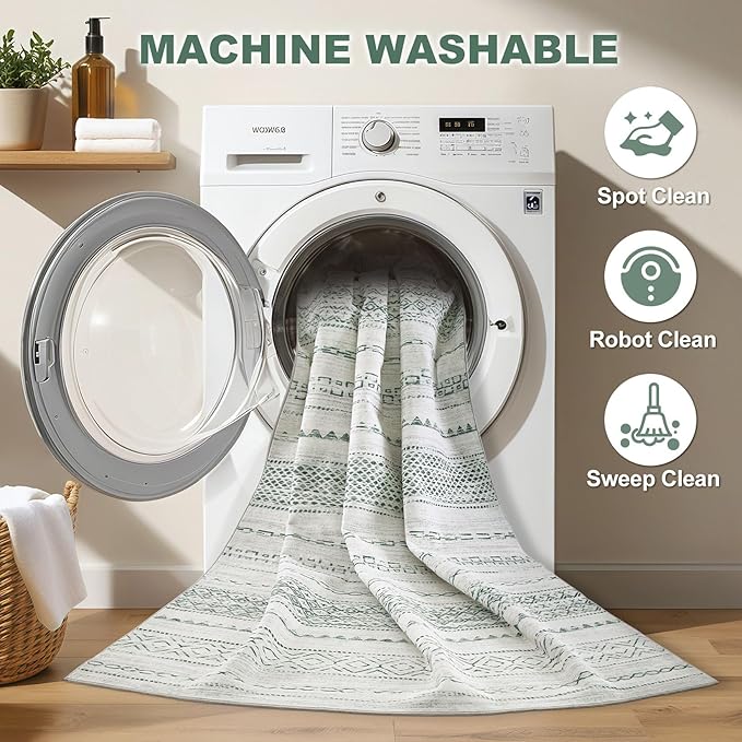 Nakagishi Green Rug Living Room Rugs: 9x12 Washable Boho Large Neutral Soft Farmhouse Stain Resistant Modern Non Slip Indoor Floor Carpet for Bedroom Nursery Kids Playroom Office Dining Room Home