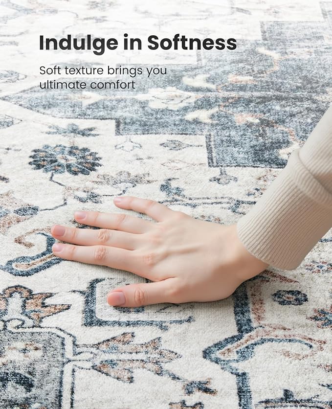 AMADA HOMEFURNISHING Round 5ft Area Rugs, Low-Profile Washable Rug with Non-Slip Backing & Durable Edge Binding, Vintage Rugs for Living Room, Bedroom, Dinning Room