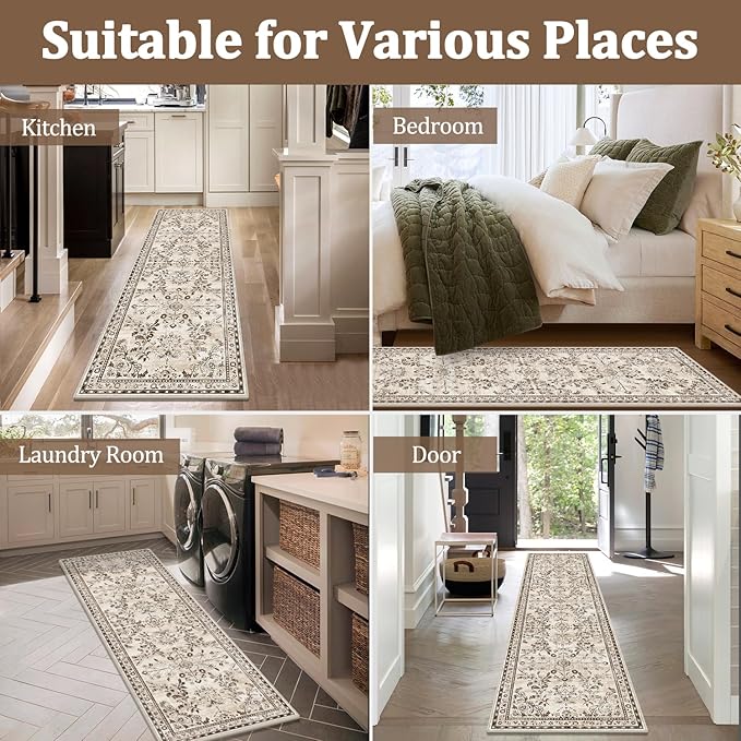 Yamaziot Washable Runner Rug 2x8 – Non Slip Boho Floral Hallway Runner Rug with Rubber Backing, Low Pile Faux Wool Distressed Carpet for Kitchen, Laundry, Bedroom, Entrance, Brown