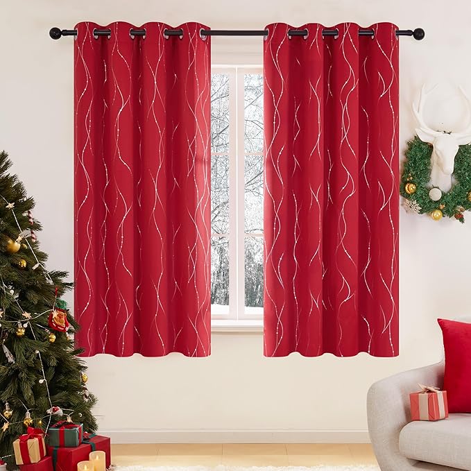 Deconovo Red Curtains, Christmas Drapes, Blackout Thermal Insulated Noise‑Reduced Drape, Wave Line Dot Foil Print, 52 x 63 Inch, 2 Panels, Machine‑Washable Window Curtain for Party Living Room Bedroom