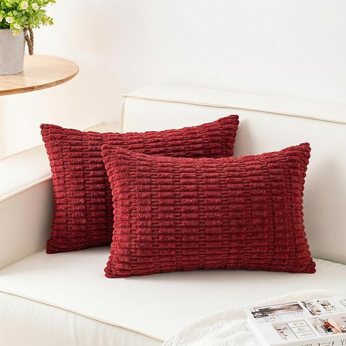 Pack of 2 Corduroy Decorative Throw Pillow Covers 12x24 Inch Soft Striped Pillow Covers Modern Farmhouse Home Decor for Sofa Living Room Couch Bed（Wine Red）