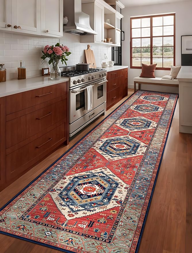 SERISSA Runner Rug for Hallways, 2'6"x14' Washable Non Slip Kitchen Runner Rug, Extra Long Boho Rug Ultra Soft Vintage Rust Print Floor Carpet for Bedroom Hallway Entryway Bathroom Laundry Room