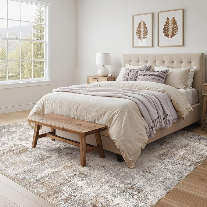 UERMEI Square Area Rugs : Washable 8x8 Neutral Modern Abstract Carpet for Living Room Bedroom - Soft Floor Mat with Non Slip Backing for Kitchen Nursery Dorms Farmhouse Home Decor - Brown Grey