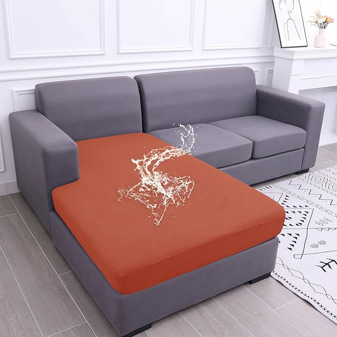 hyha Waterproof Couch Cushion Covers, Sectional Sofa Cushion Slipcovers L Shape, Thick Stretch Jacquard Fabric, Washable Chaise Lounge Cover with Elastic Bottom (1 Piece for Chaise, Rust)