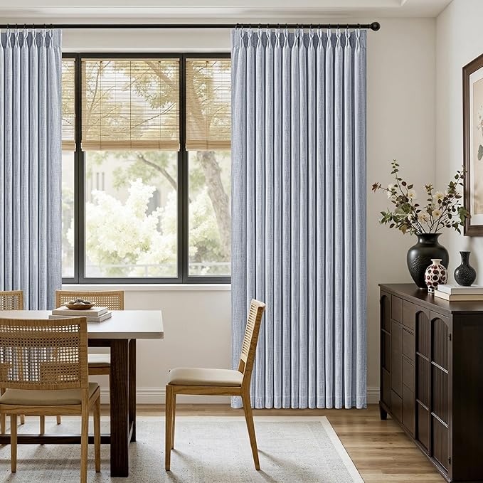 MIULEE Pinch Pleated Thick Linen Curtains 96 Inches Long 2 Panels for Living Room Bedroom, Memory Trained Pleat Drapes Light Filtering Light Blue Semi Sheer Window Curtains Hooks Rings Back Tab