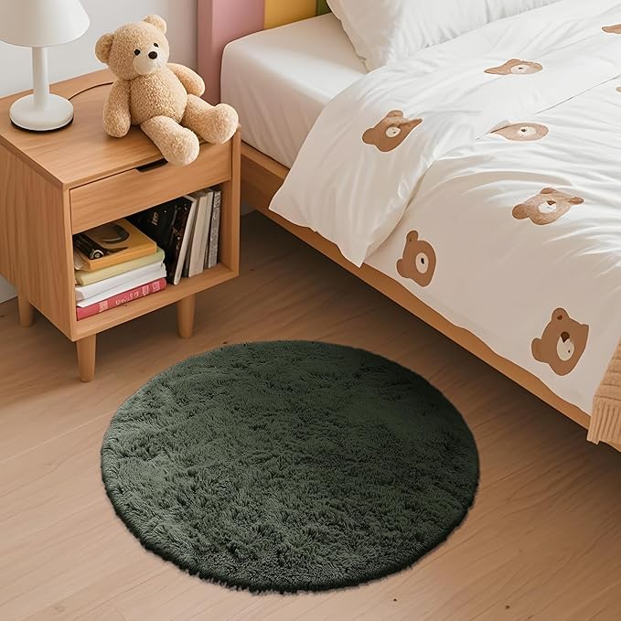 OLANLY Olive Green Round Rugs for Bedroom - Machine Washable, 2 ft Circle Area Rugs for Living Room, Soft and Fluffy Shaggy Carpet for Teen Girl and Boys, Nursery Rooms, Dorms, Home Decor Aesthetic