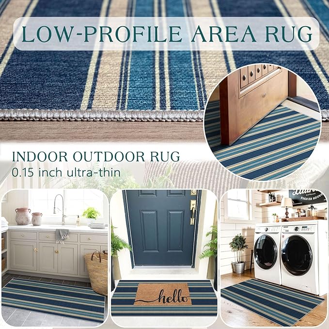 Front Door Mat Indoor Entrance - 2x4.3 Ft Striped Washable Welcome Layered Doormat Outdoor Entrance Porch Rug Non-Slip Navy Blue Coastal Runner Rug for Kitchen Bedroom Laundry Room Porch Decor