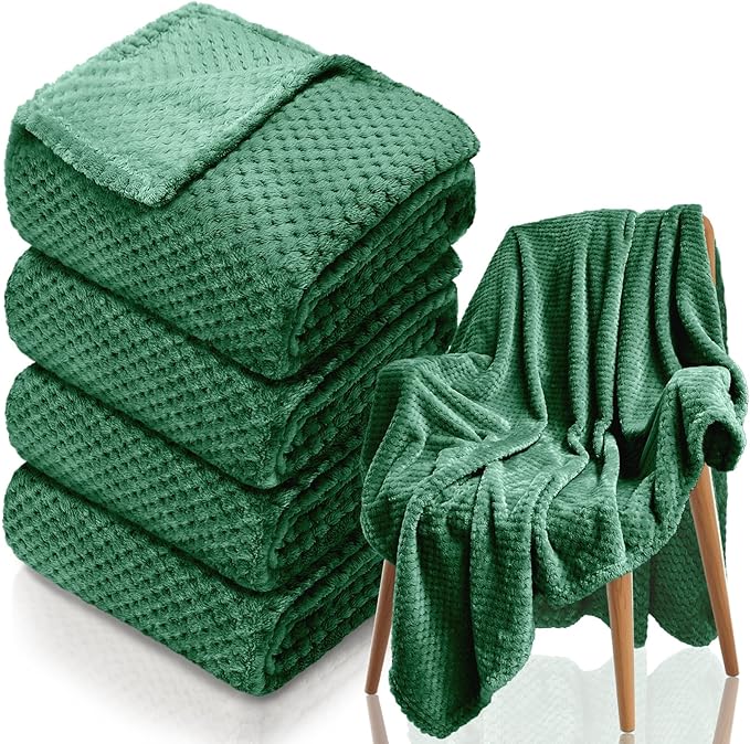 4 Pack Fleece Throw Blankets 50x60 Inches – 270 GSM Ultra Soft Flannel, Oeko-TEX Standard 100 Certified, Lightweight 3D Waffle Texture, No Shedding/Pilling, for Bed, Couch, Sofa, All Season (Green)