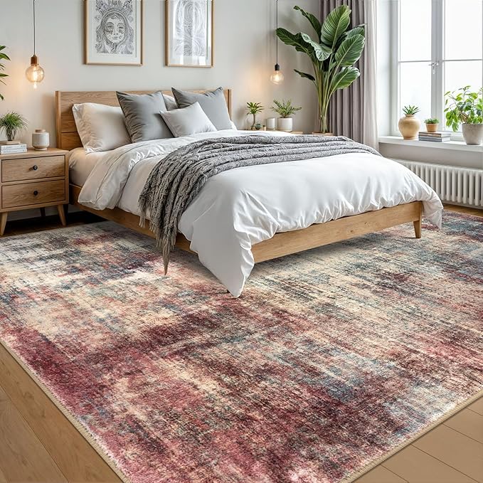 IOHOUZE Abstract Area Rugs 9x12 Ft Washable Large Rugs for Living Room, Non Slip Dining Room Rug, Printed Faux Wool Rugs for Bedroom, Floor Carpet for Office Nursery Playroom, Red/Multi