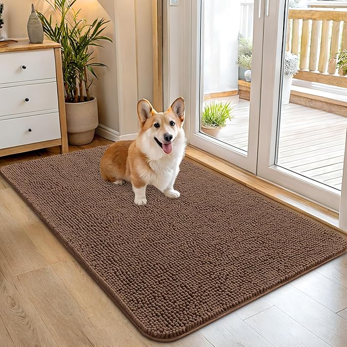 OLANLY Dog Door Mat for Muddy Paws 45x27, Absorbs Moisture and Dirt, Absorbent Non-Slip Washable Doormat, Quick Dry Chenille Mud Mat for Dogs, Entry Indoor Entryway Carpet for Inside Floor, Mocha