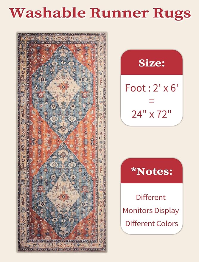 SERISSA Boho Washable Runner Rug, 2x6 Rug Non-Slip Tribal Hallway Kitchen Runner Rug Ultra Soft Print Distressed Vintage Floor Carpet for Bedroom Bathroom Laundry Living Room