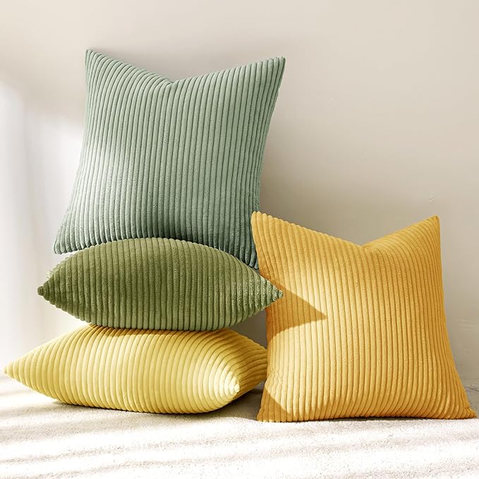 MIULEE Boho Farmhouse Yellow Green Throw Pillow Covers 18x18 Inch Set of 4 Mordern Nordic Cushion Covers Soft Corduroy Spring Home Decor for Couch Bed Sofa Living Room